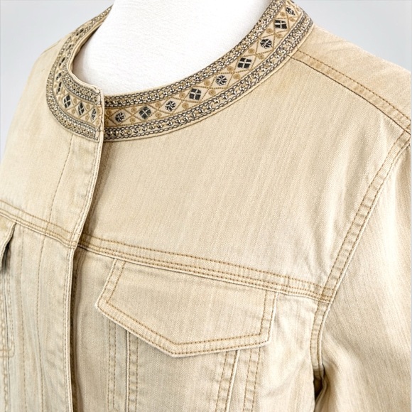 Avenue Khaki Denim Embellished Jewel Neck & Cuff Jacket - Picture 8 of 12